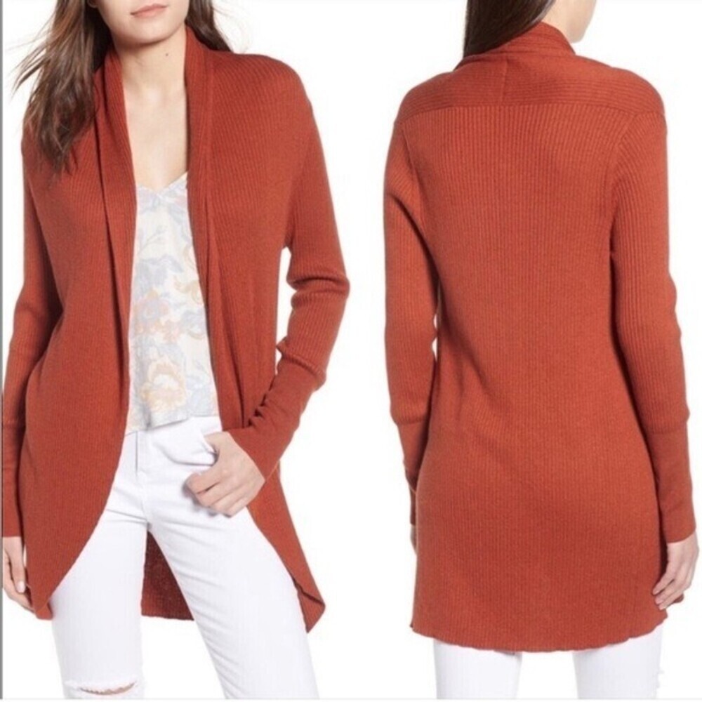 Leith from Nordstrom Burnt Orang open front long ribbed cardigan Fall SZ SM